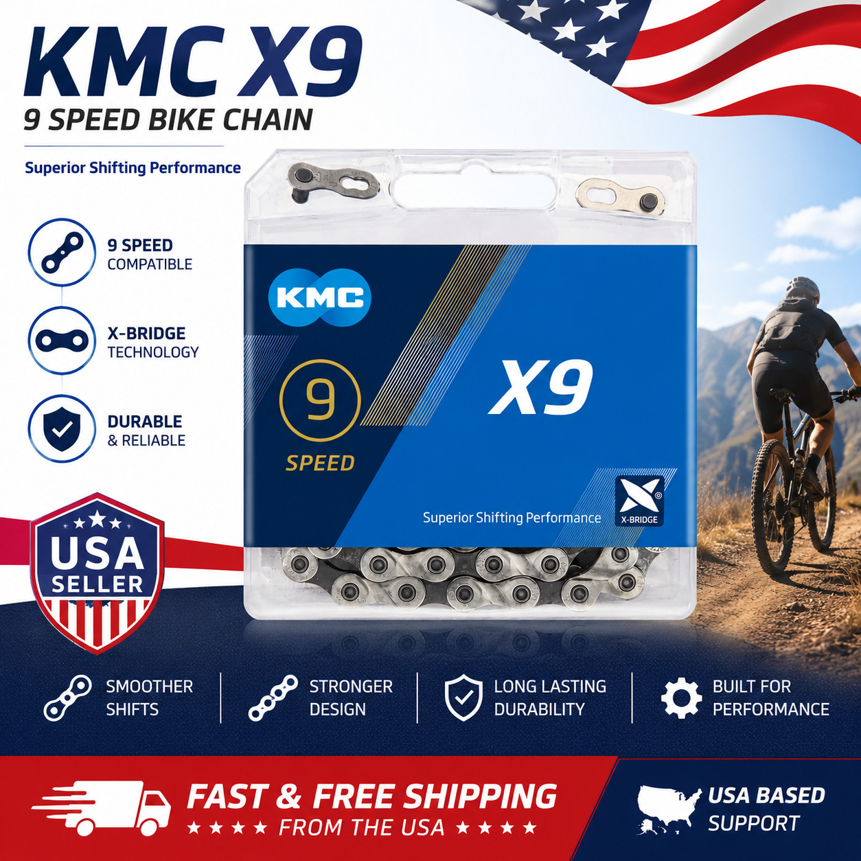 9 Speed Bike Chain 116 Links 1/2'' x 11/128'' Bicycle Chain KMC X9 Compatible