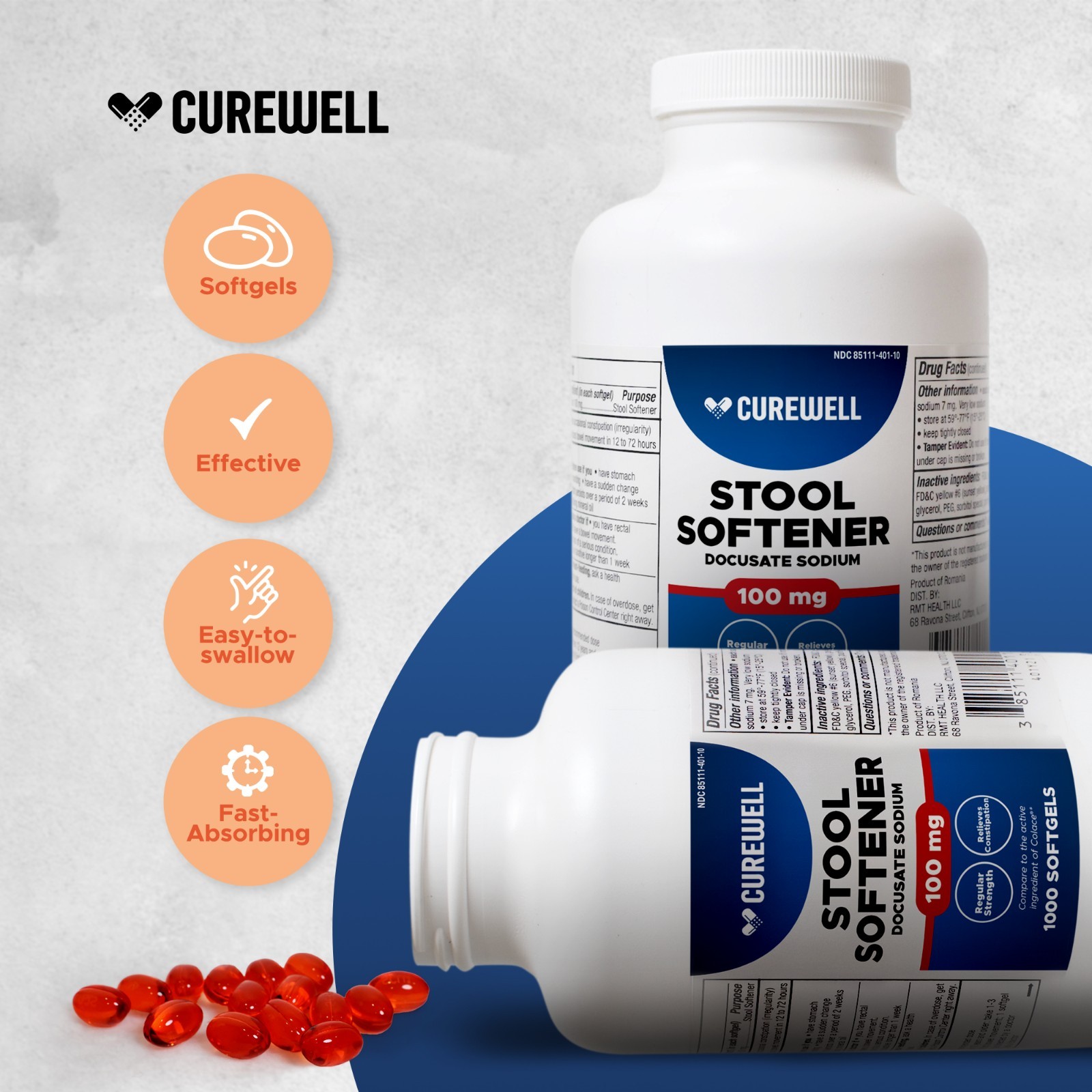 CUREWELL Stool Softener Docusate Sodium 100mg Softgels (1000 Count)