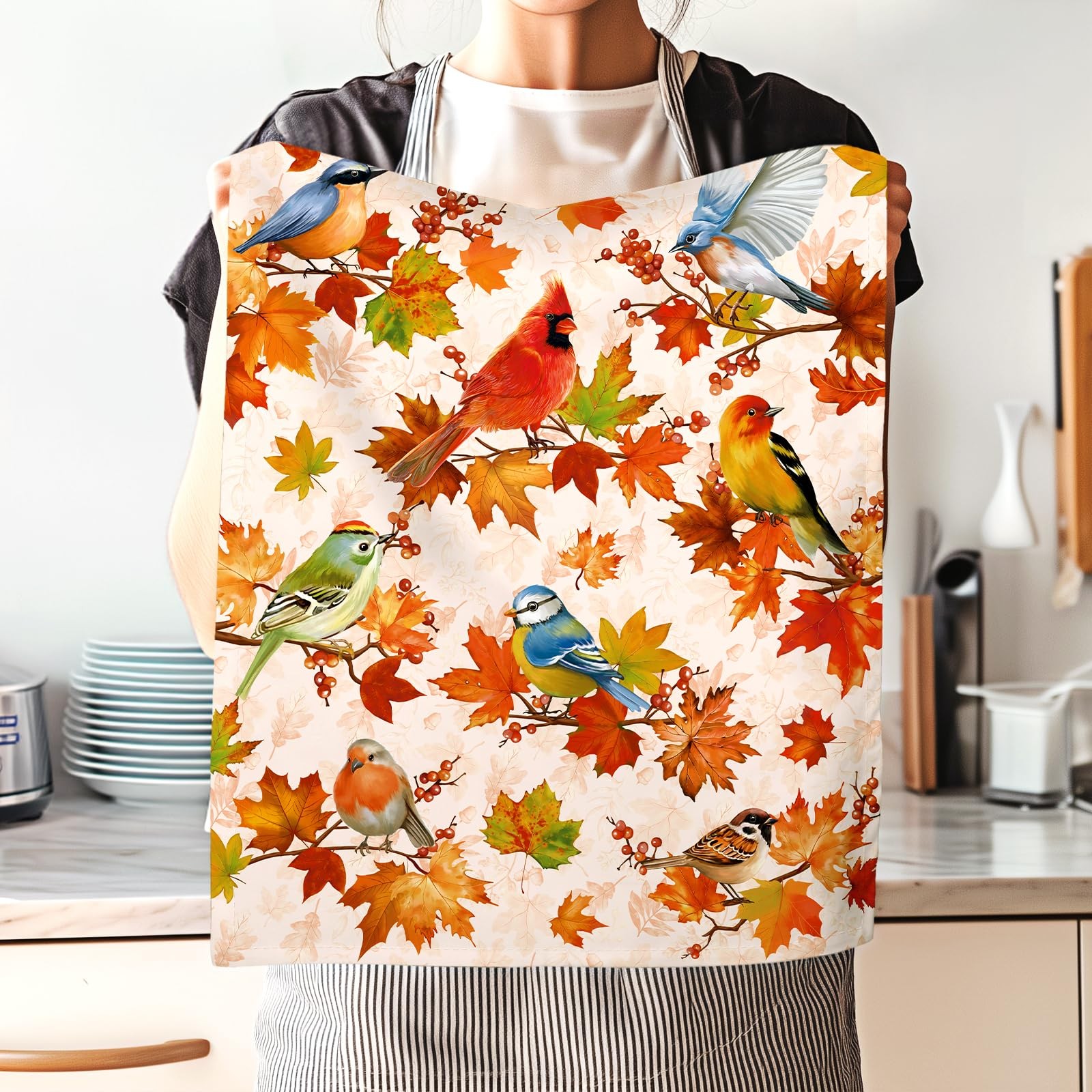 18.9x27.5 Inch Fall Bird Maple Leaf Cotton Kitchen Tea Towel Dish Cloth