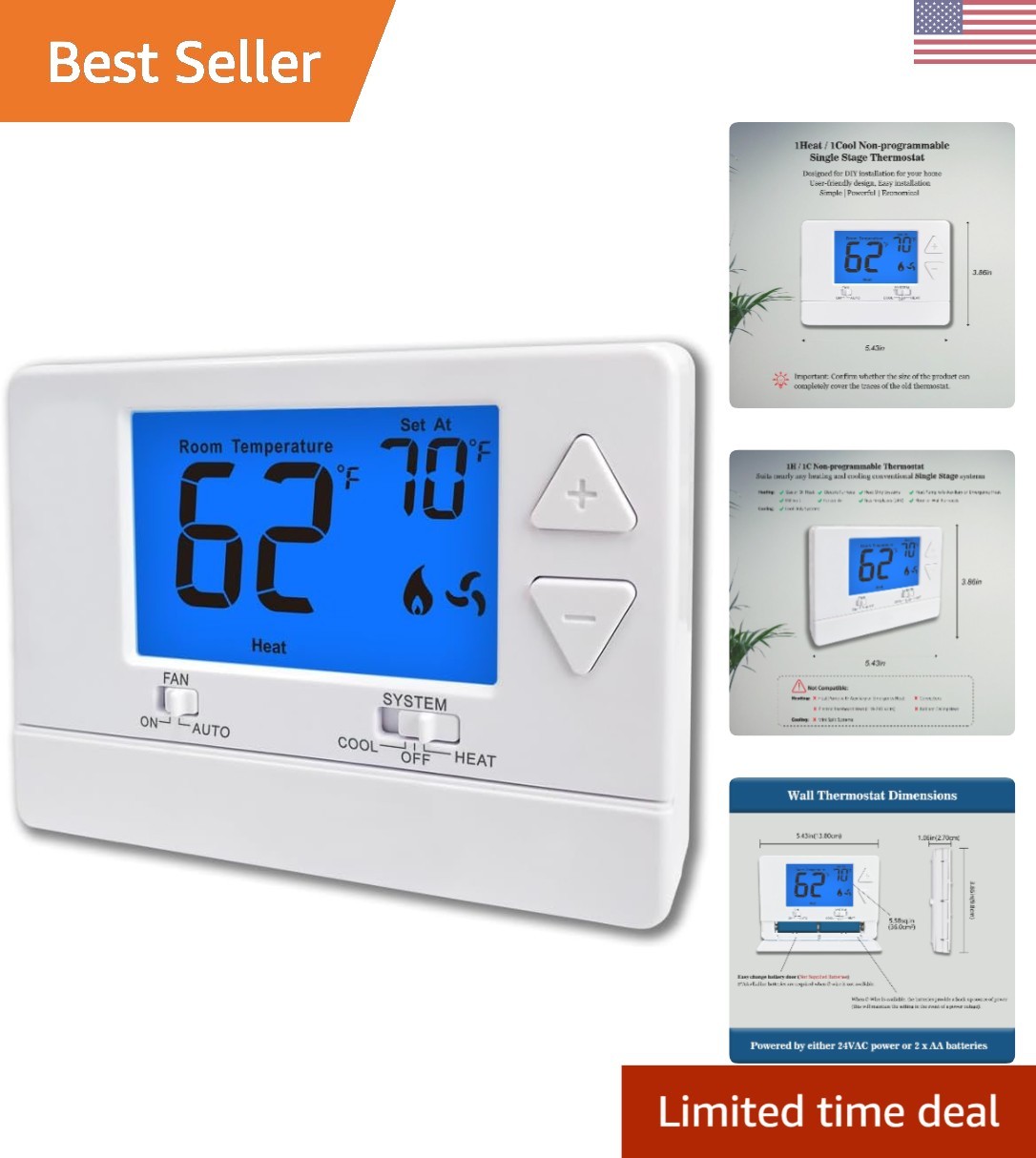 Non Programmable Thermostat for Home 1 Heat/ 1 Cool Single-Stage System, with Ro
