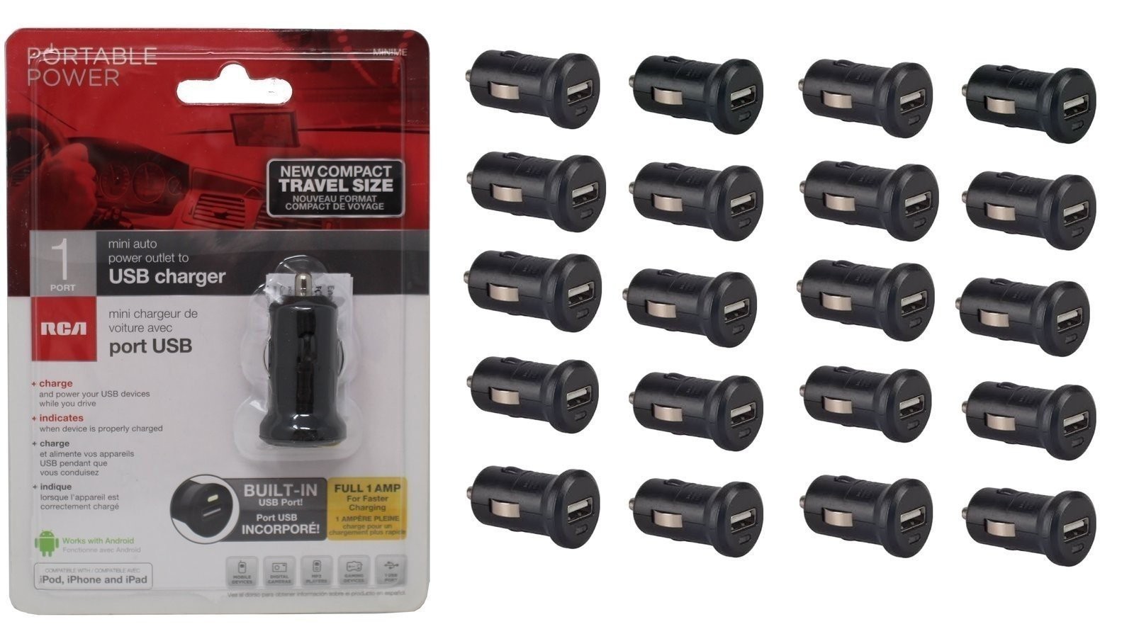 RCA 1.0 Amp 5V USB Charger Car Auto Power Outlet (MINIME) Pack of 20 NEW RETAIL