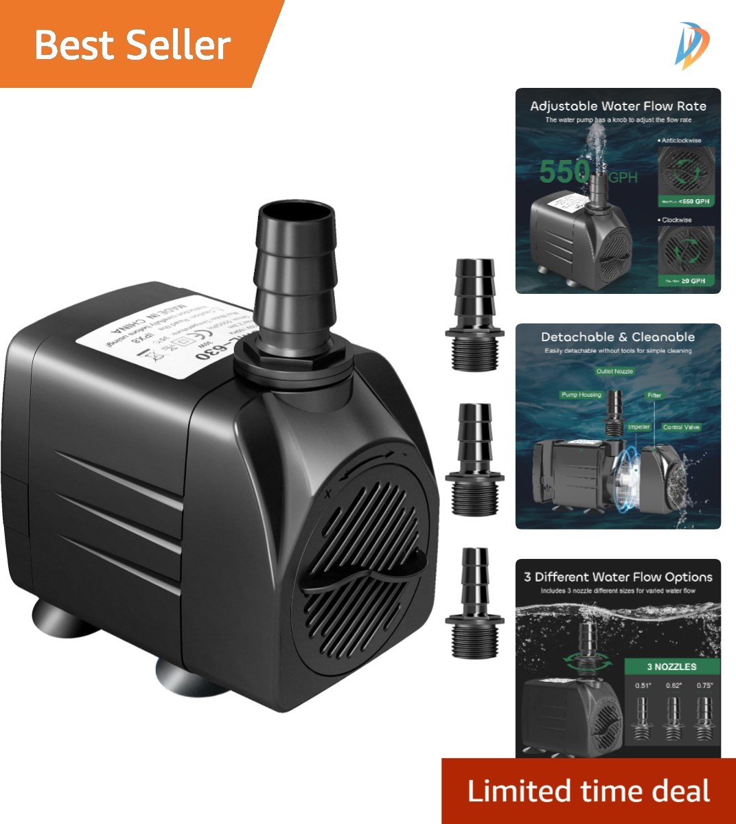 Multi-Functional Aquarium Pump with 7.2ft Lift – 3 Adjustable Nozzles Included