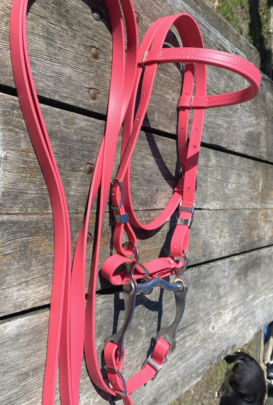 Bright pink biothane horse size Western bridle Amish made USA