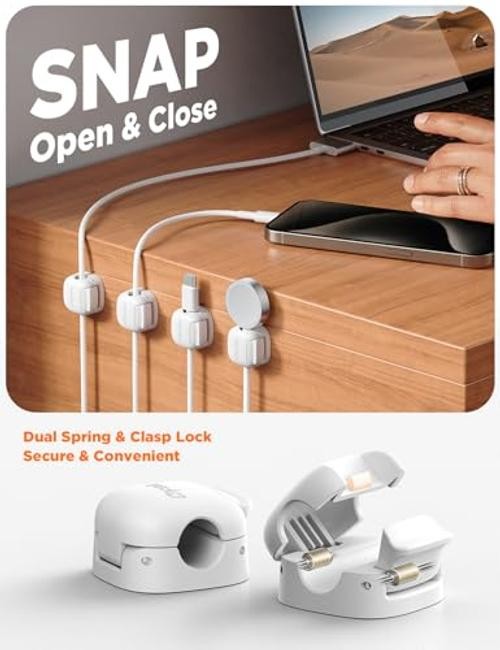 6Pack Cord Organizer, Spring Cable Clips [1s Lock] Cord Holder for White-6Pack