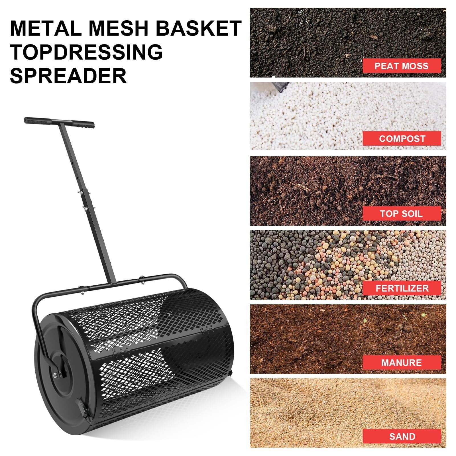 Compost Spreader 24 inch Peat Moss Spreader with T-Shaped Handle for Yard