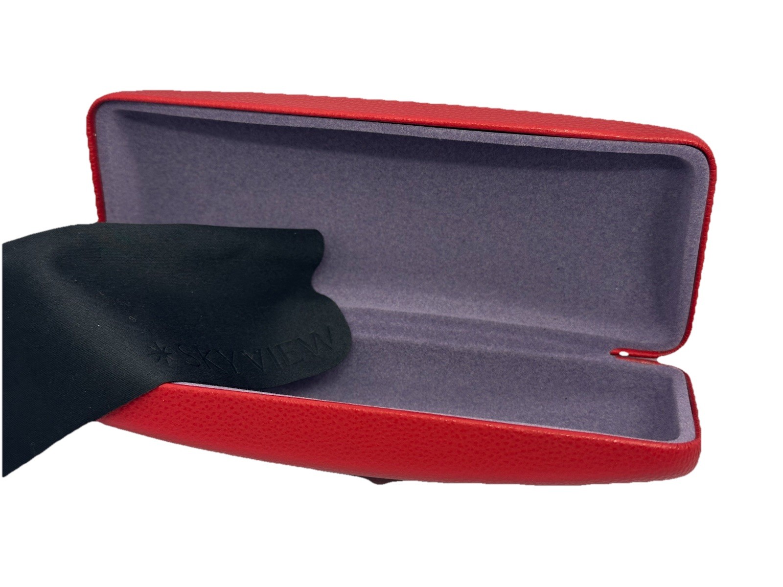 NEW Skyview Red Hard Clamshell Eyeglasses Case With Spring Hinge Cleaning Cloth