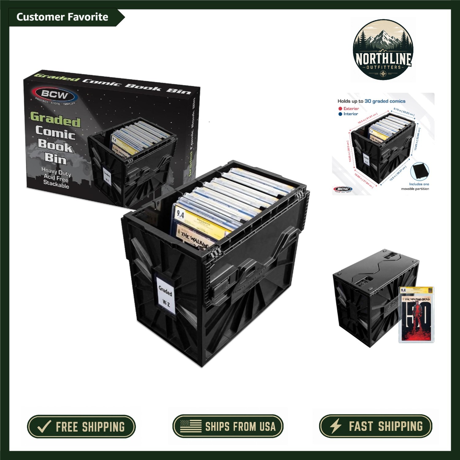 Black Graded Comic Book Bin – Holds Up to 30 Comics, Stackable Design