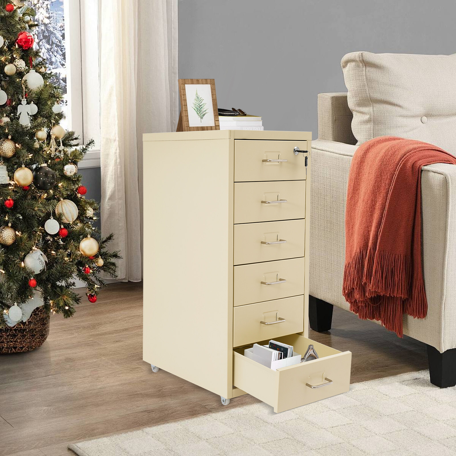 6 Tiers Beige Metal File Cabinet with Lock Freestanding Filing Cabinet for Home