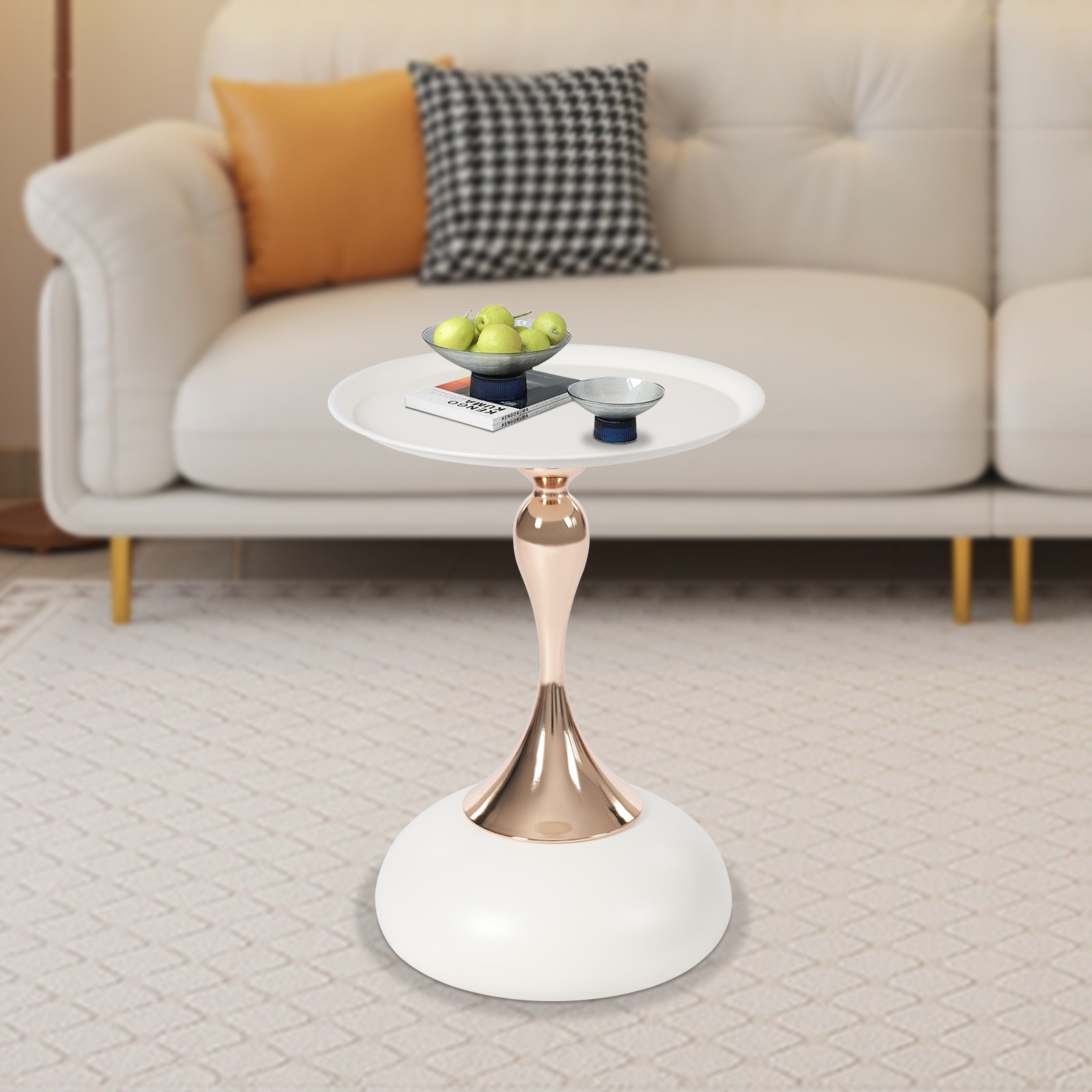 Small Round Side Table Tray Top Metal End Table For Living Rooms And Yards White
