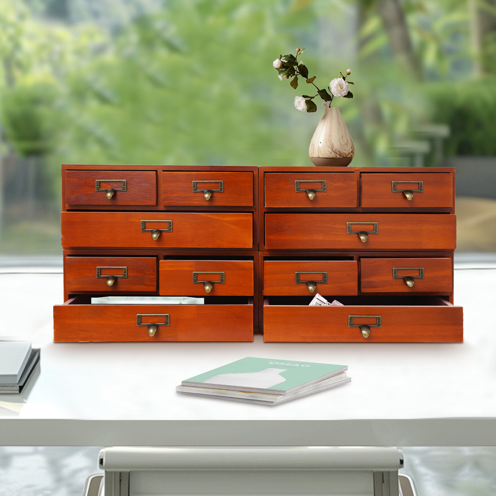 4pcs 3 Drawer Wooden Desktop Organizer Drawer Storage Box For Tabletop Brown