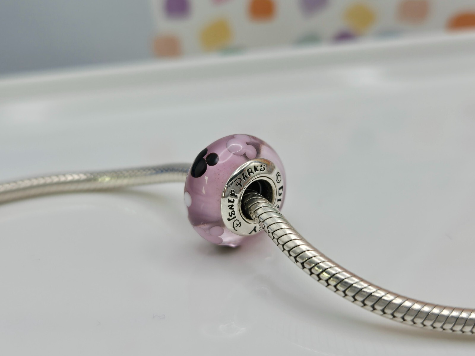 Authentic Pandora Disney Mickey Mouse Parks Pink Icon Murano glass Silver Charm