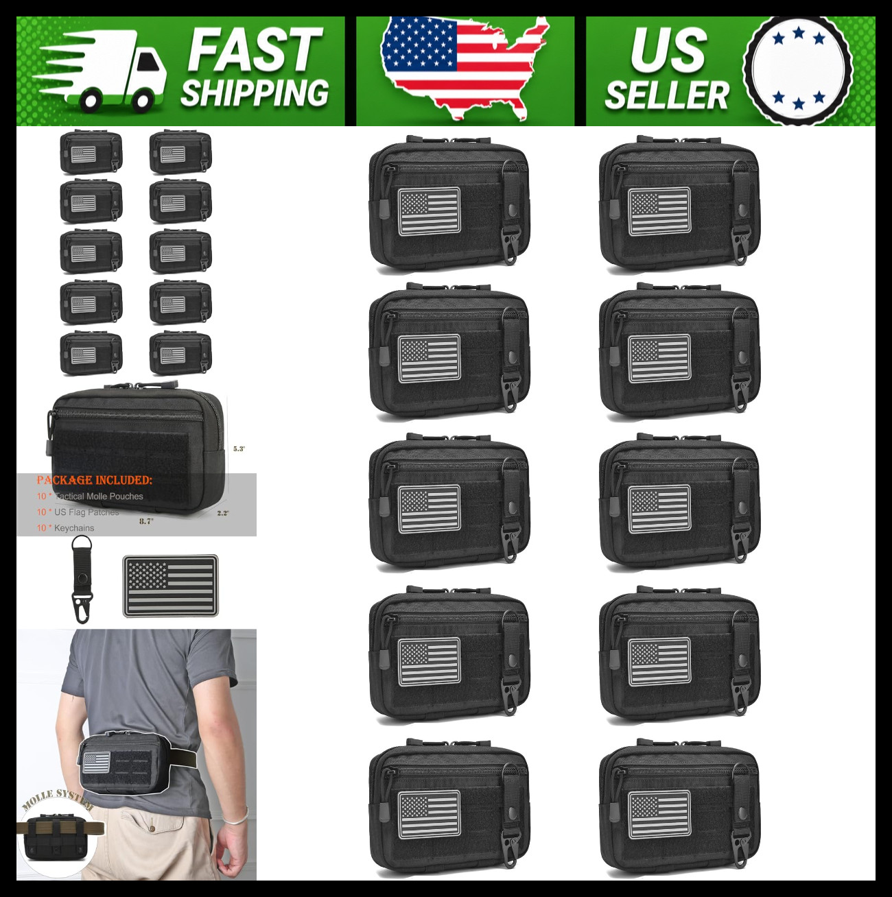 2 Pack Tactical MOLLE Admin Pouch with US Flag Patch and Keychain