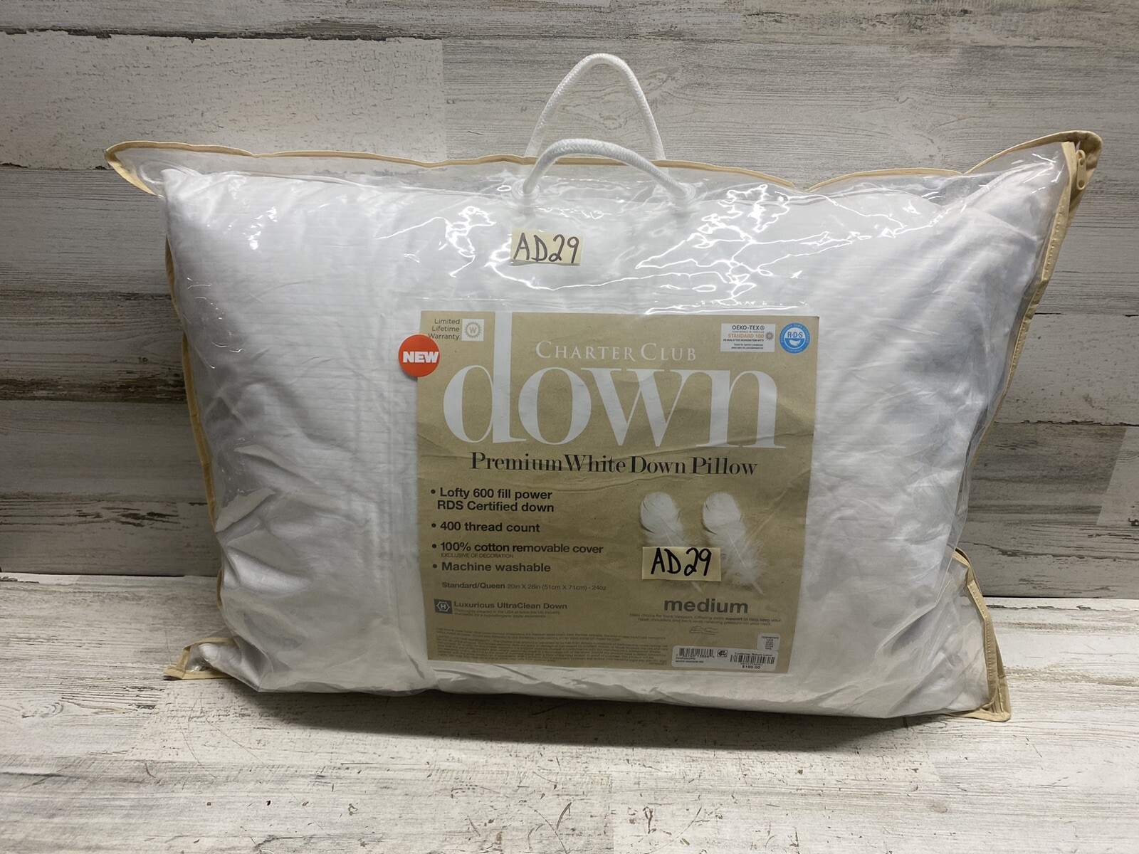 Charter Club Premium White Down Medium Density Standard/Queen Pillow New
