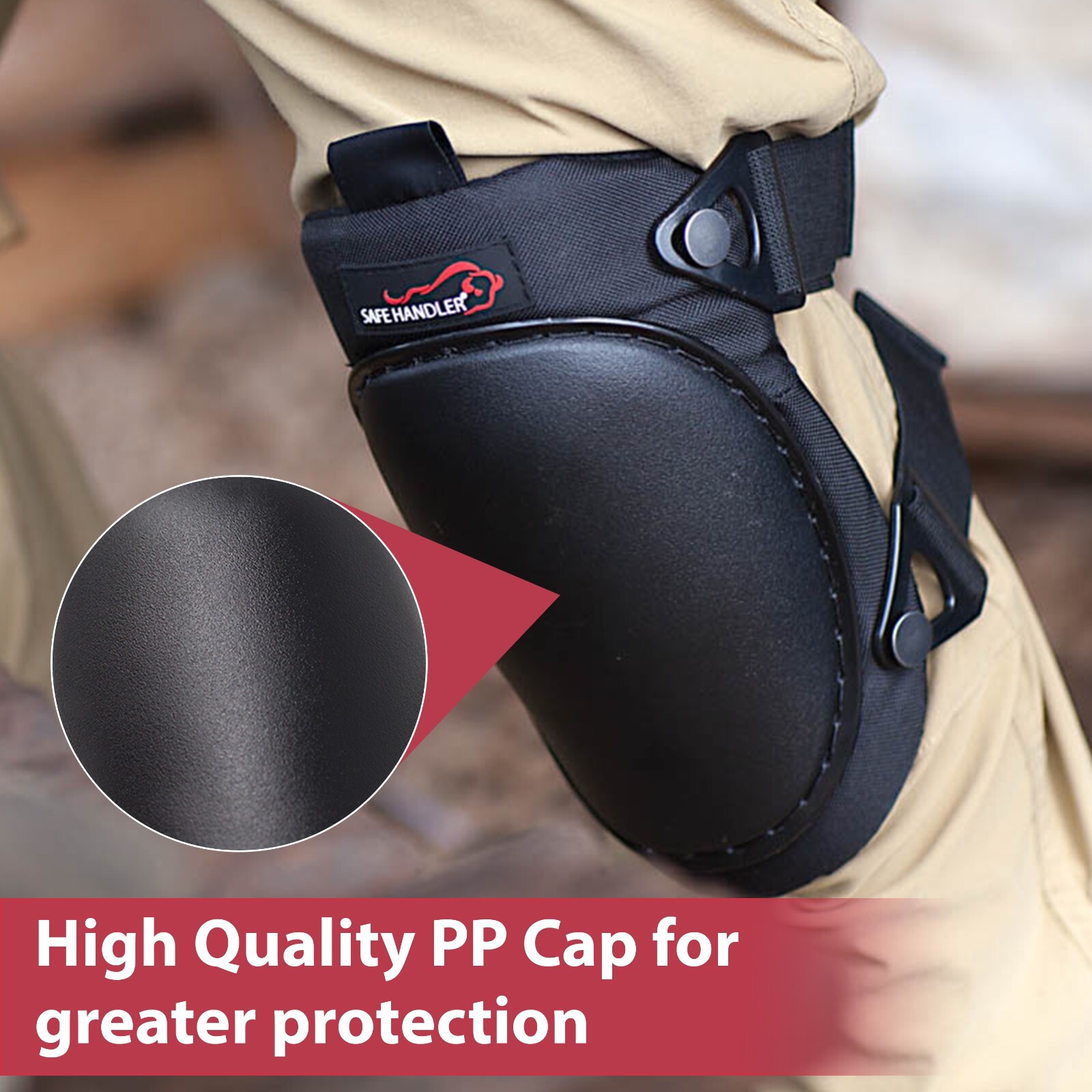 Professional Knee Pads with High Density PP Cap, Hook Closer, Black (1 Pair)