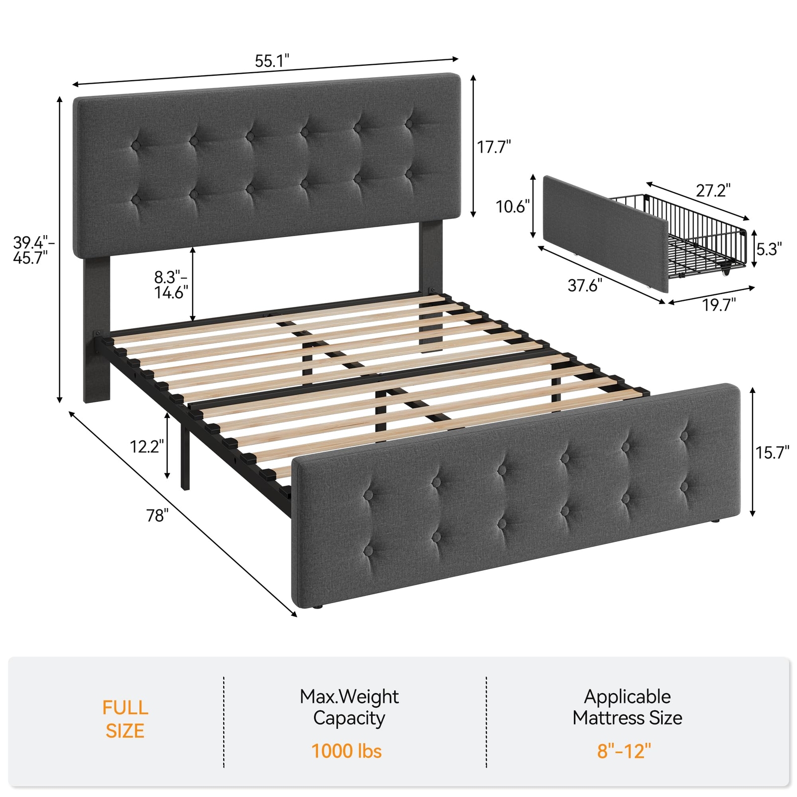 Full Size Bed Frame with Upholstered Storage Headboard with 4 Storage Drawers