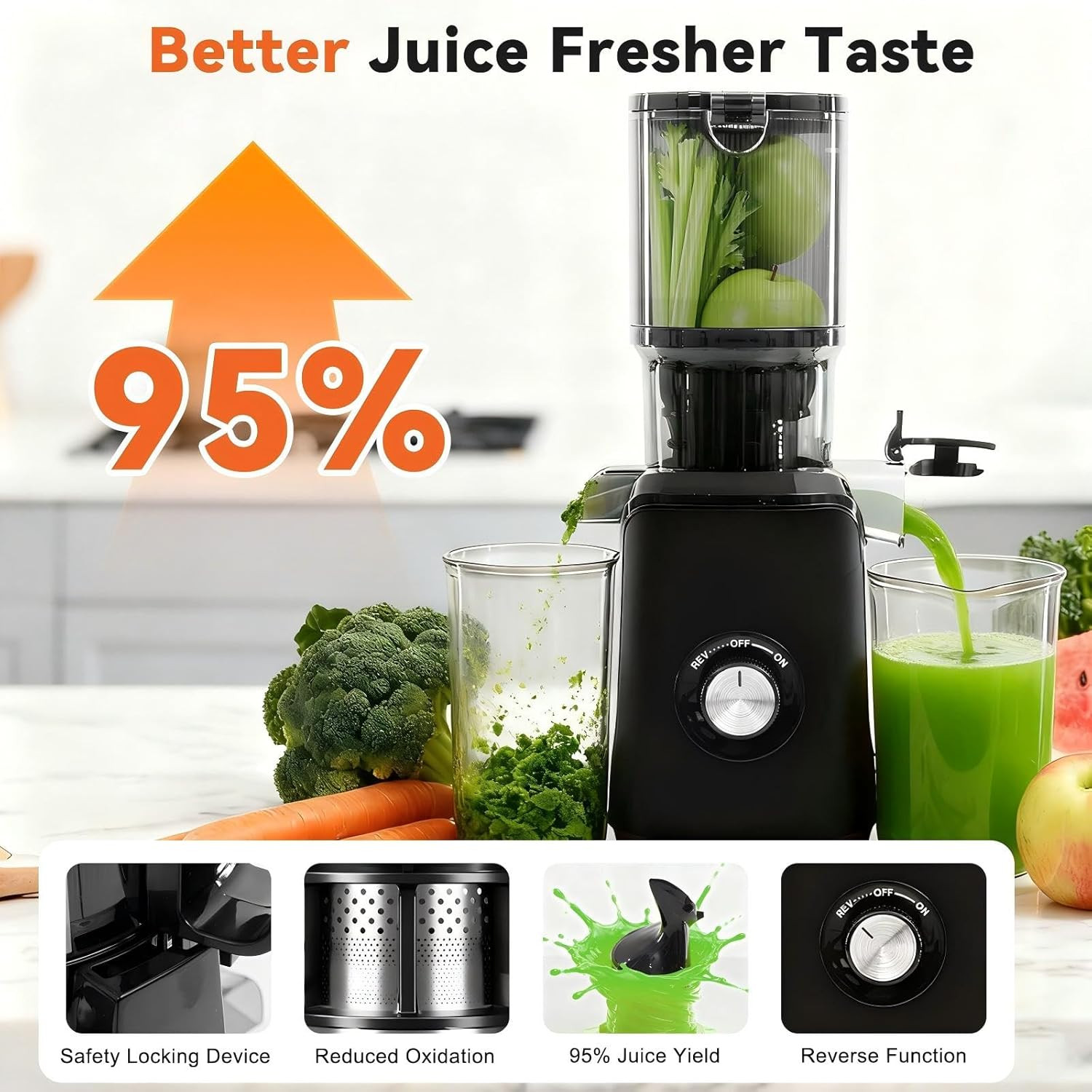 Cold Press Juicer Machines, Masticating Juicer with High Juice Yield, Reverse Fu