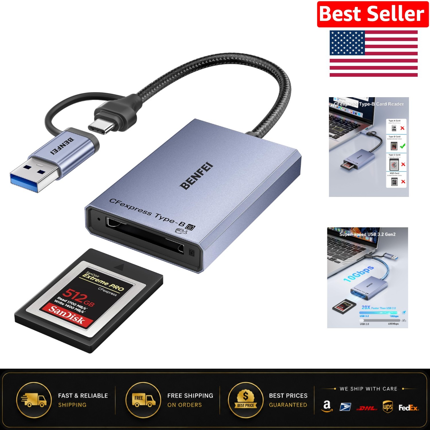 Portable 10Gbps CFexpress Type B Card Reader - Compatible with All Major OS