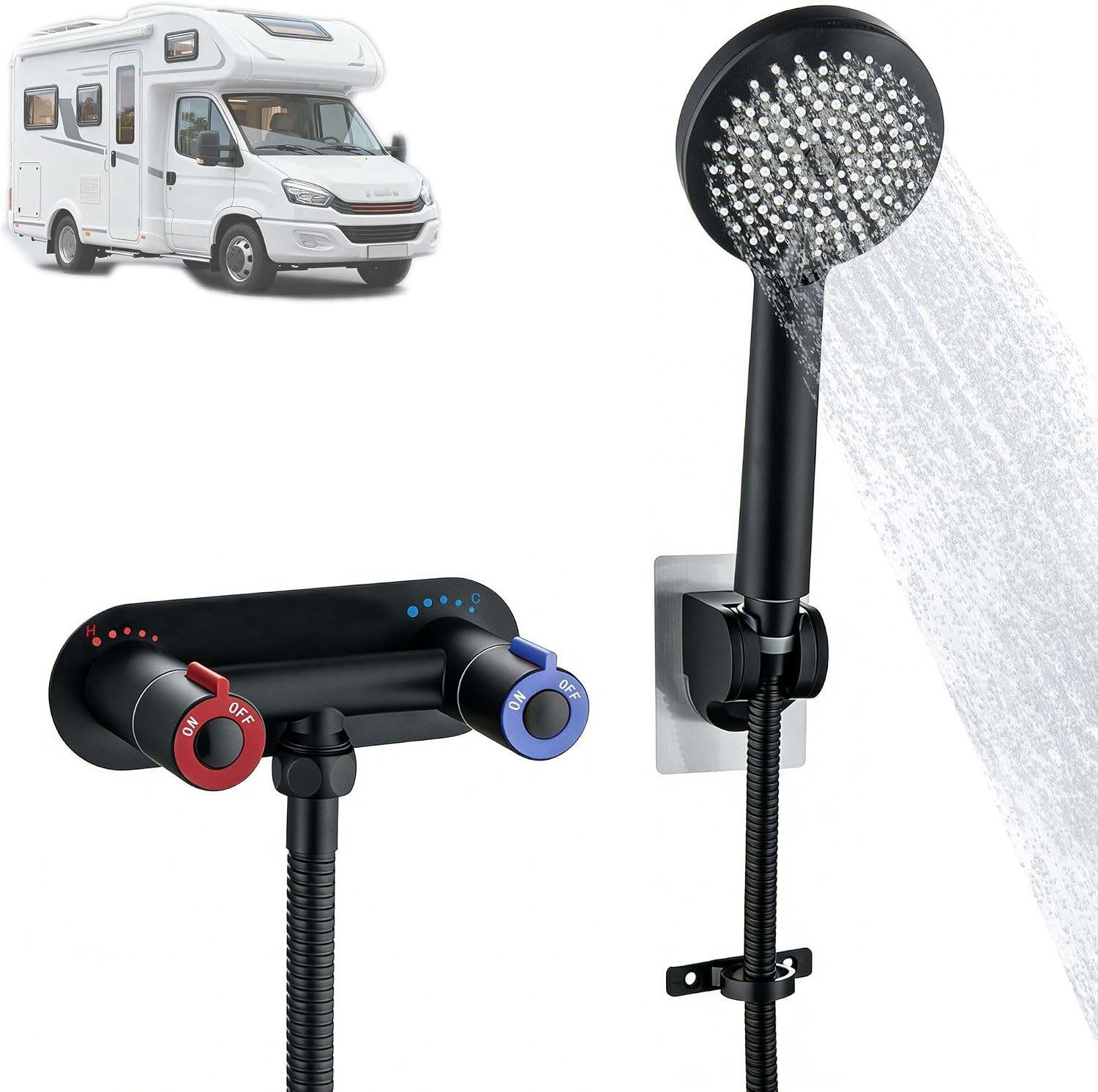 RV Shower Faucet with Hose and Head, 4" Stainless Steel RV Shower Faucet kit, 5