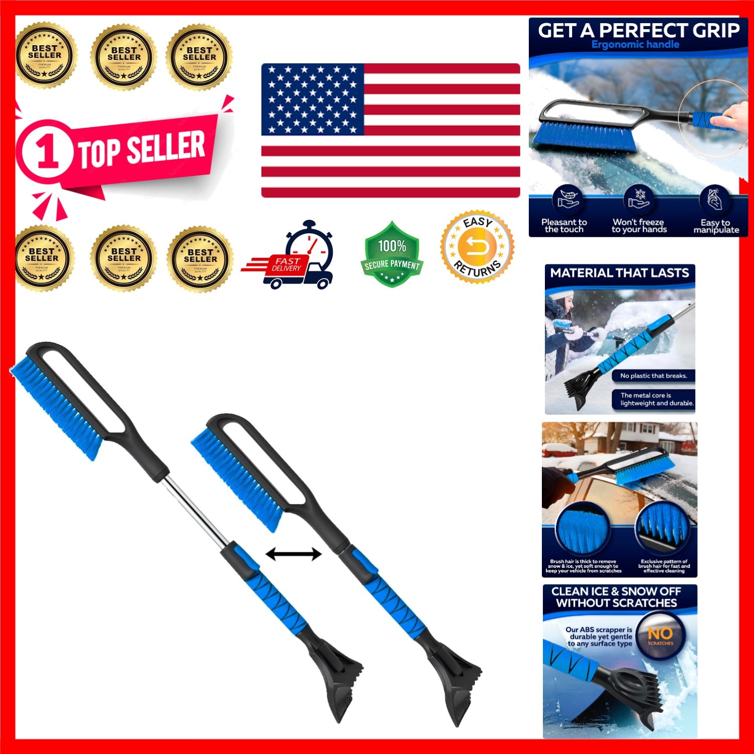 Compact 34.5" Heavy-Duty Ice Scraper for Cars & Trucks - Ultimate Winter Tool