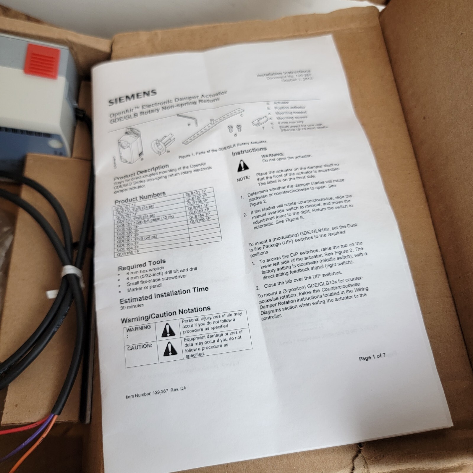 SIEMENS GDE131.1P Open Air Electronic Damper Actuator 44" lb. 3P