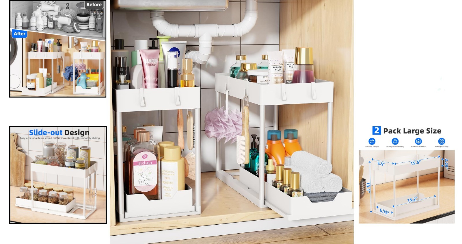 2pack Under Sink Organizer with Sliding Drawer, White | 2-Tier Multi-Use