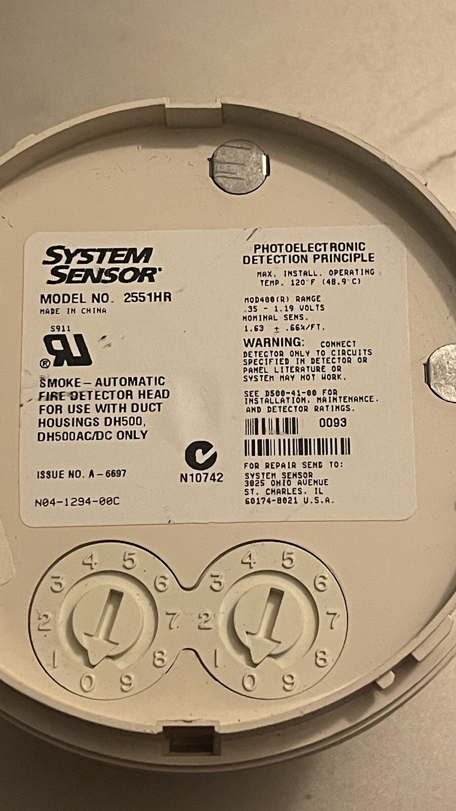 System Sensor Model 2551HR for use in duct housing