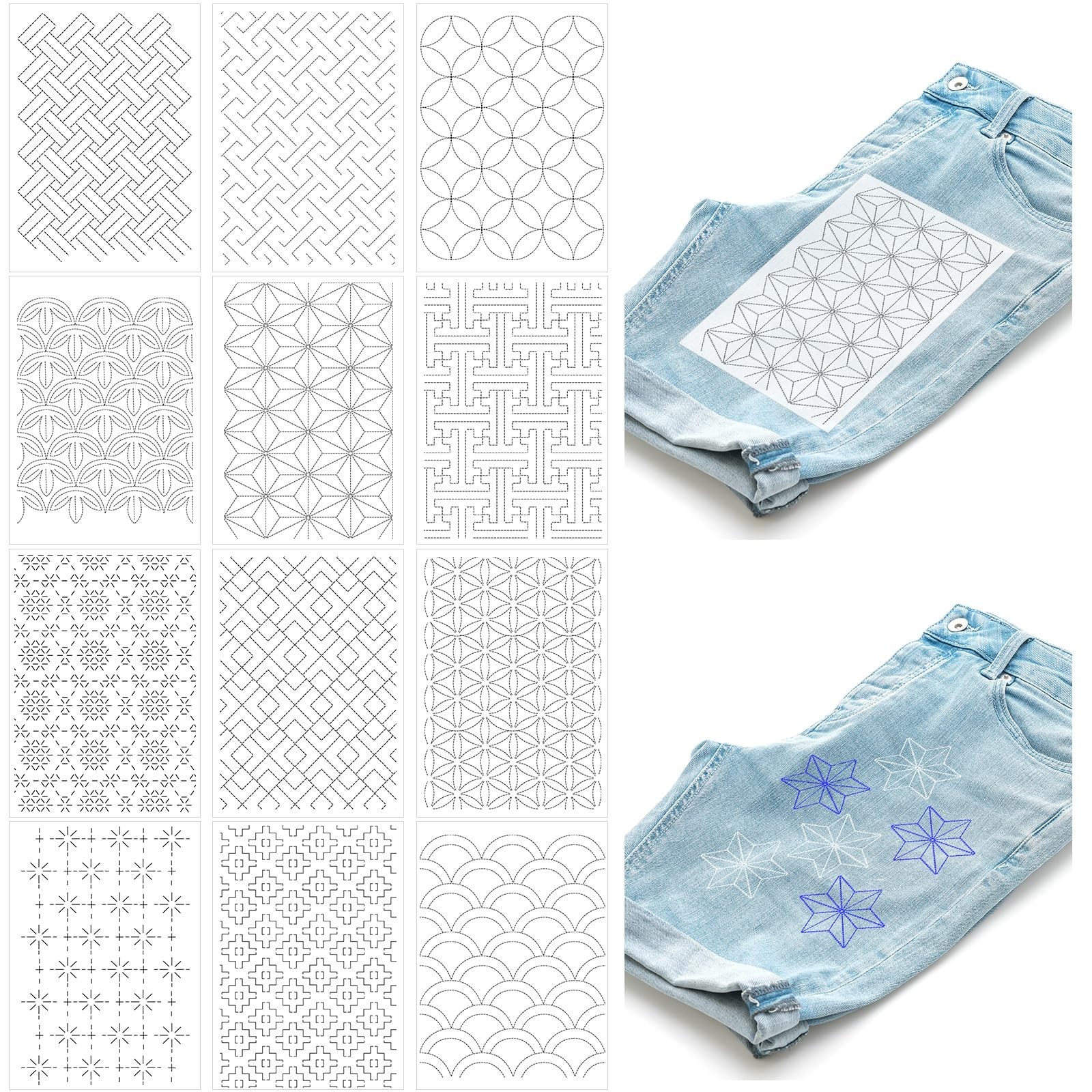24pcs Sashiko Stencil Patterns - Water Soluble Embroidery Transfer Templates for
