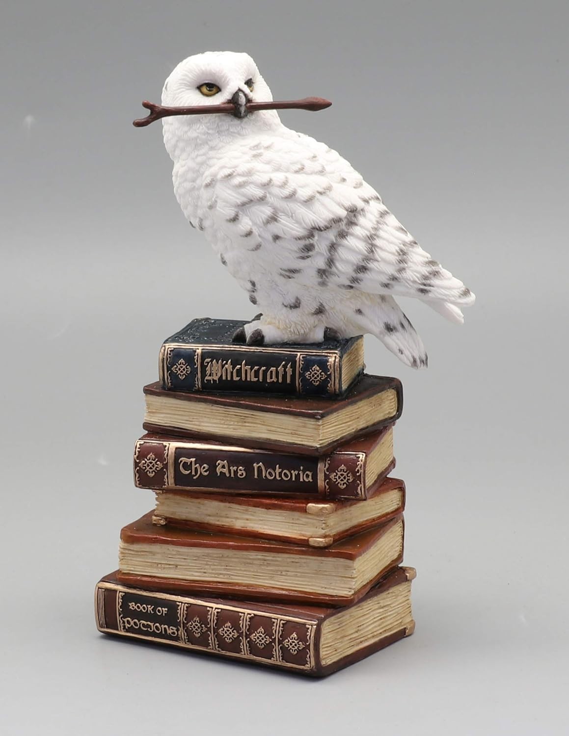 White Polystone Magic Wand Snowy Owl on Books Figurine Decorative Collectible