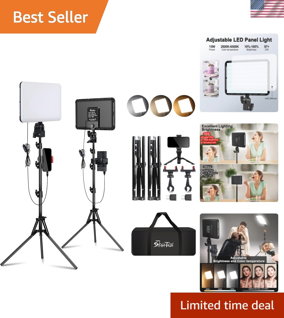 Portable 2-Pack LED Video Light Kit - 2800-6500K with Phone Holder & Tripod