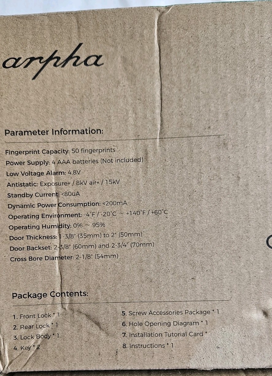 ARPHA Keyless Smart Fingerprint Locking Door Knob Instructions Missing
