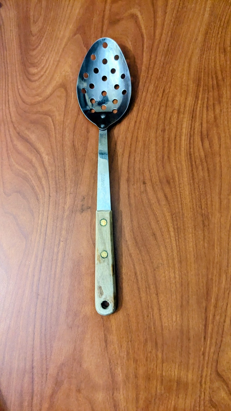 Vintage Robinson Stainless Steel Slotted Serving Spoon w/Wood Handle USA