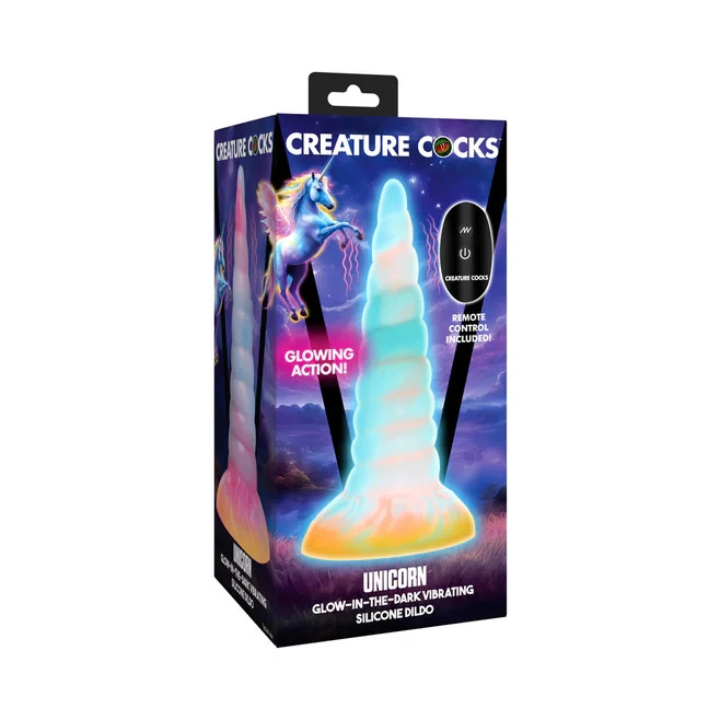 Creature Cocks Unicorn Glow Dildo – Vibrating, Remote Control, Suction Cup, GITD