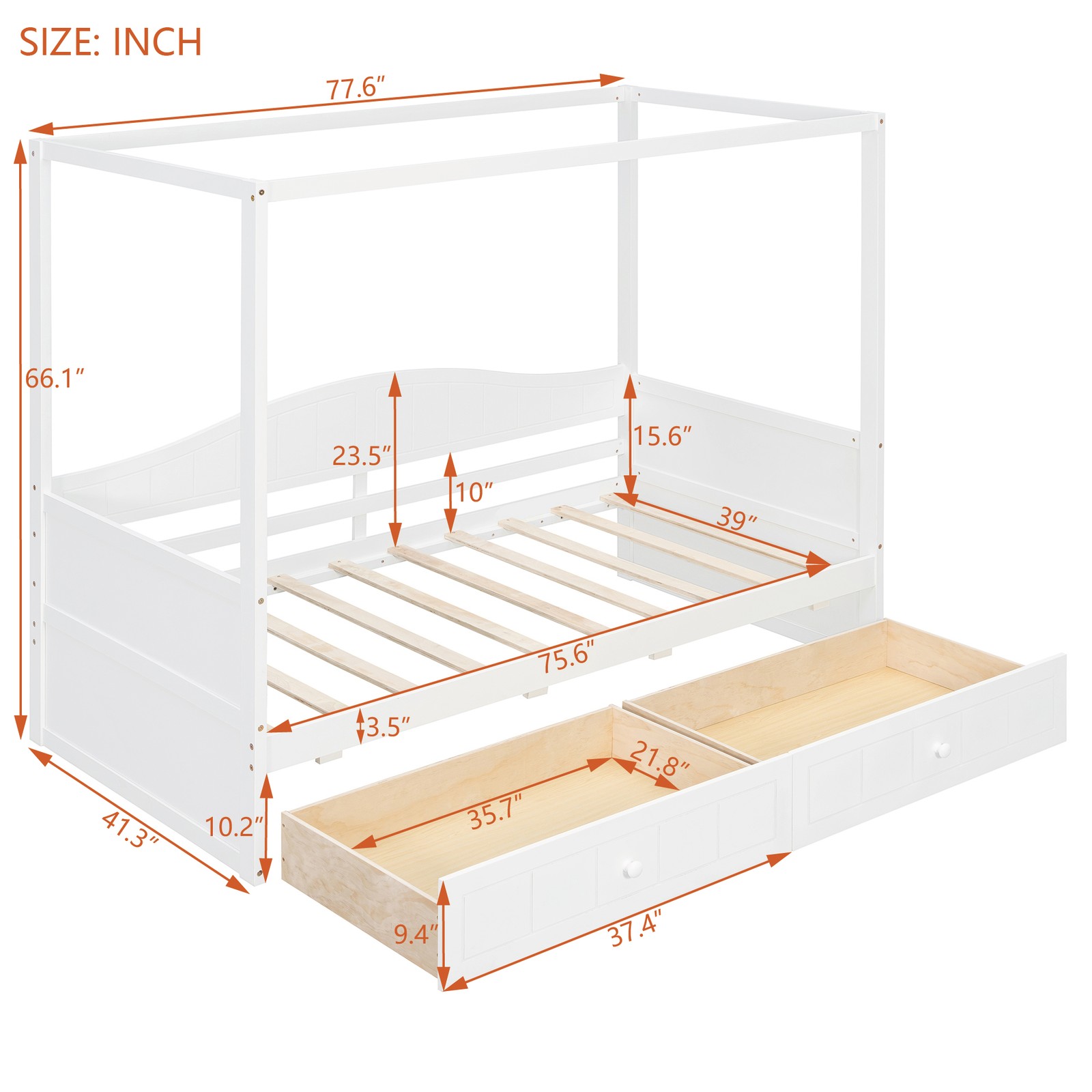 Twin Size Canopy Day Bed with 2 Drawers, White