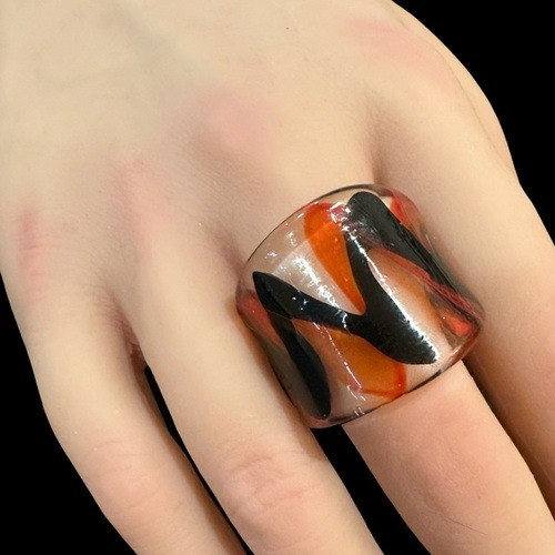 Handmade Glass Ring Clear with Black and Orange Swirl Design Size 6.5 Women