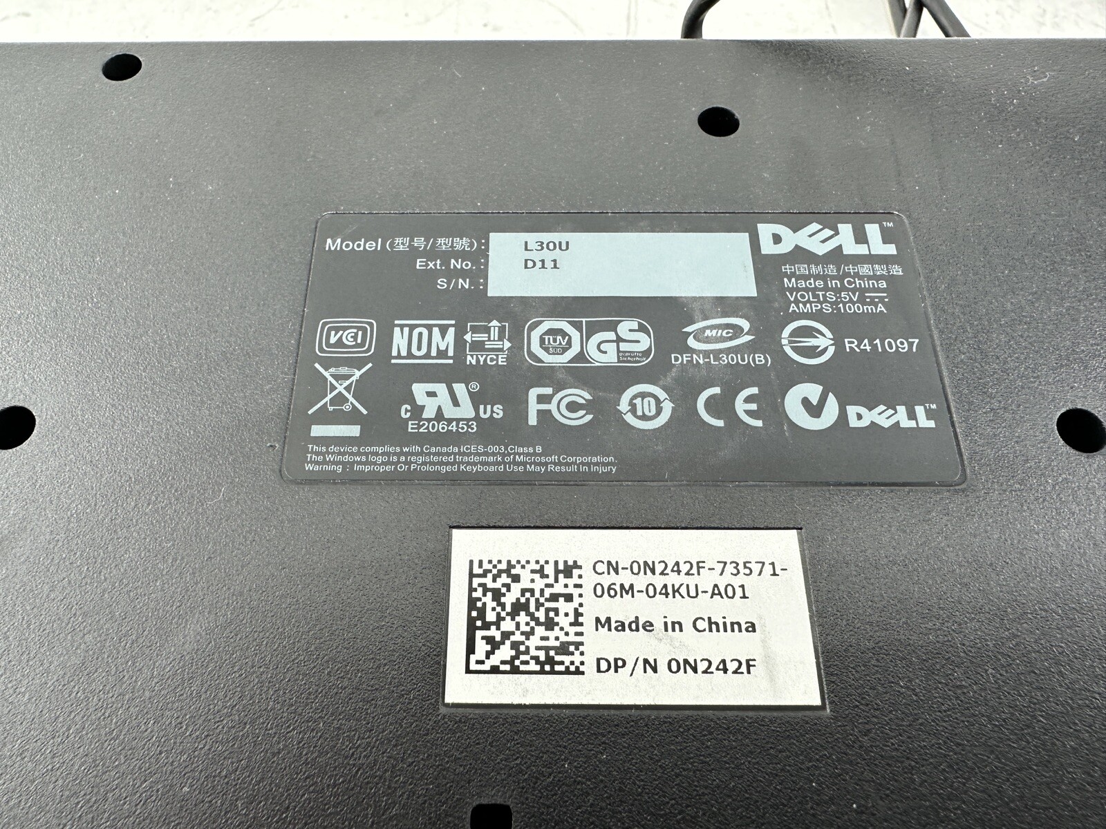 Genuine Dell L30U Quiet Slim Black USB Keyboard Wired