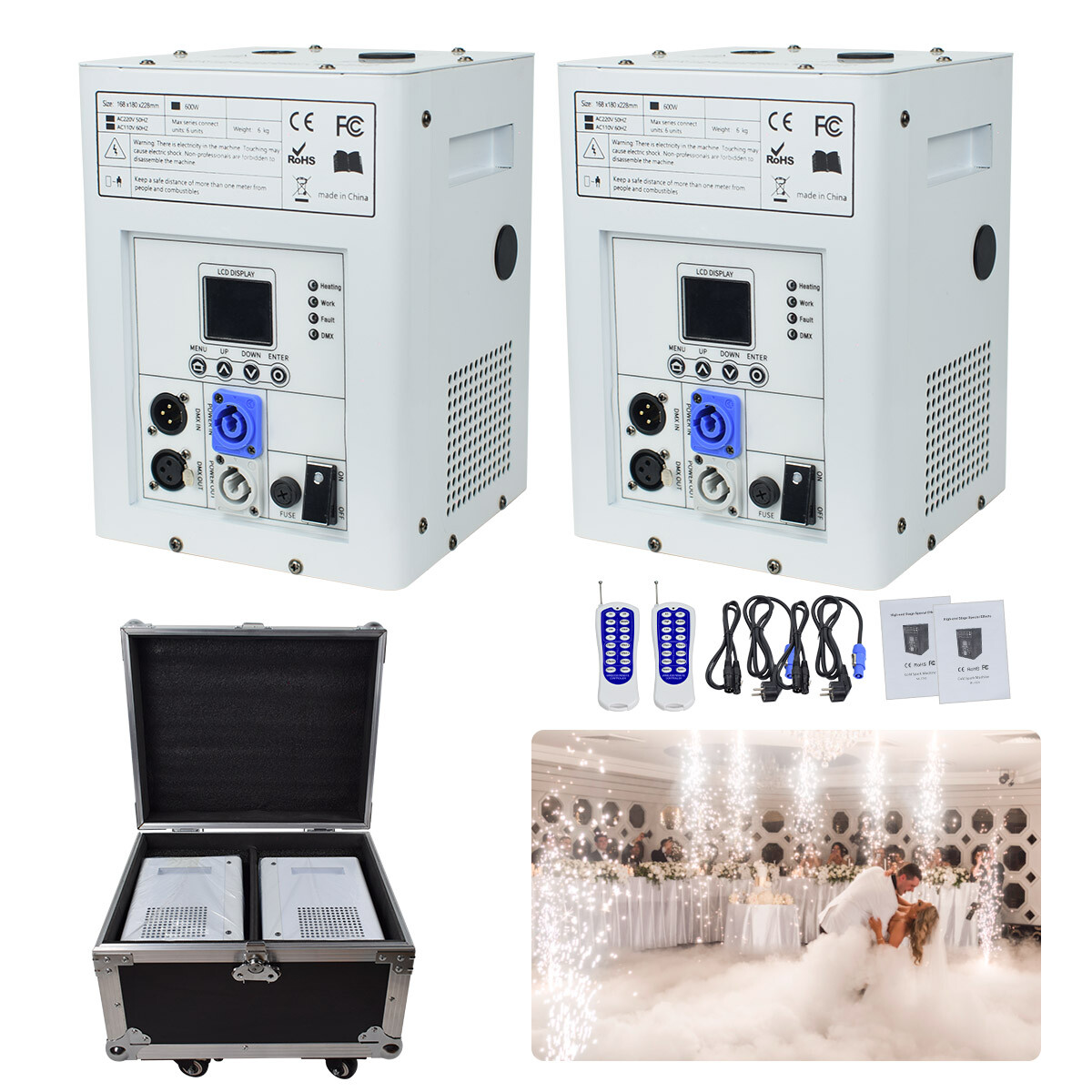 2X Cold Spark Machine DMX512 Spark Firework Machine with Flight Case White