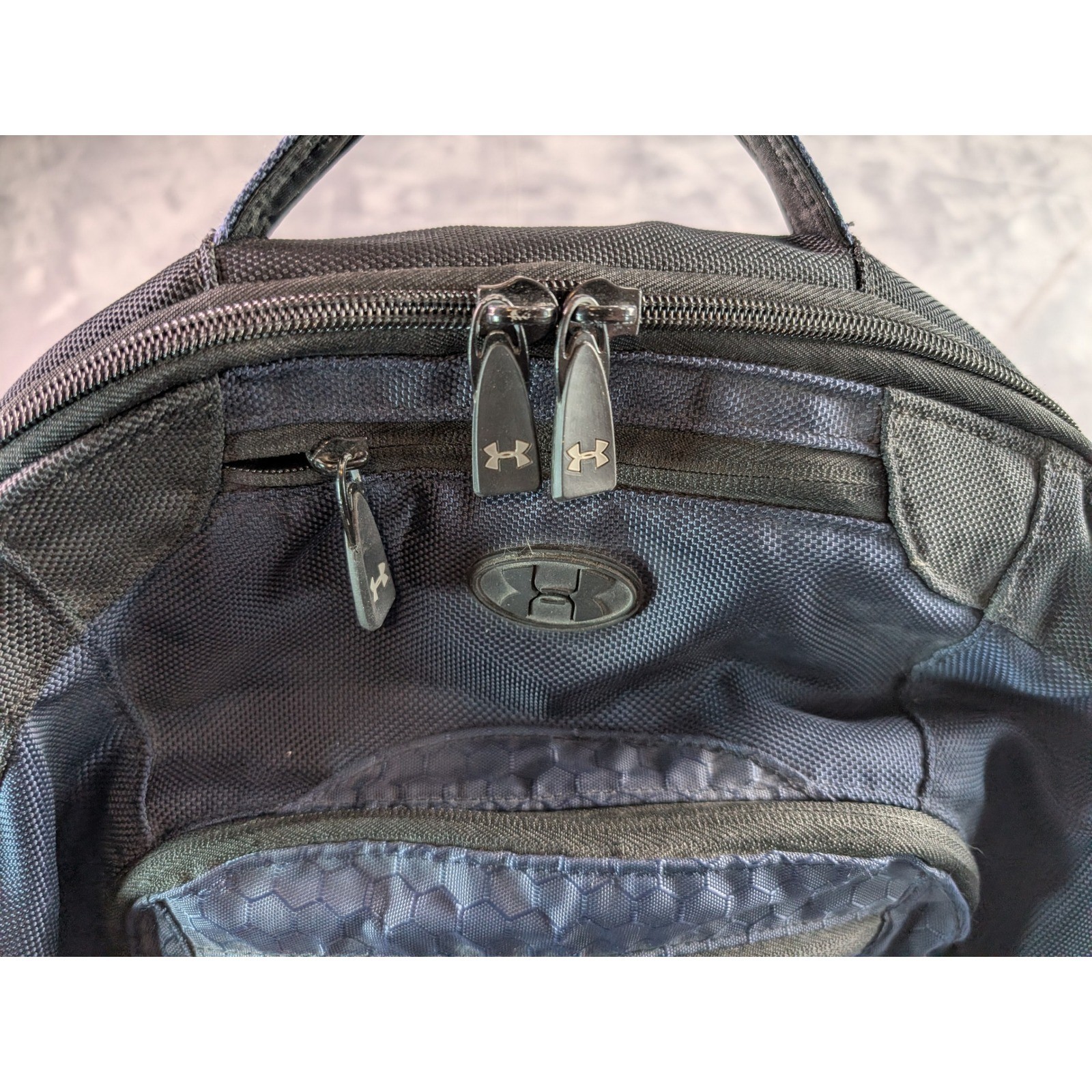 Under Armour Storm Backpack Navy Blue Black Honeycomb Pattern Laptop Bag