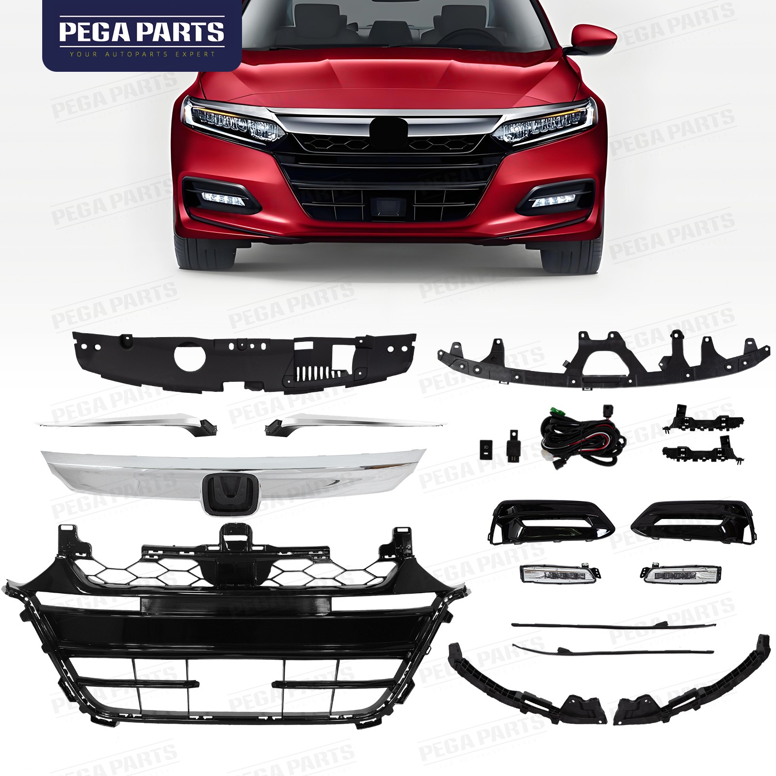16PC For Accord 2018-20 Chrome Grille Molding Fog light Bumper Headlight Bracket