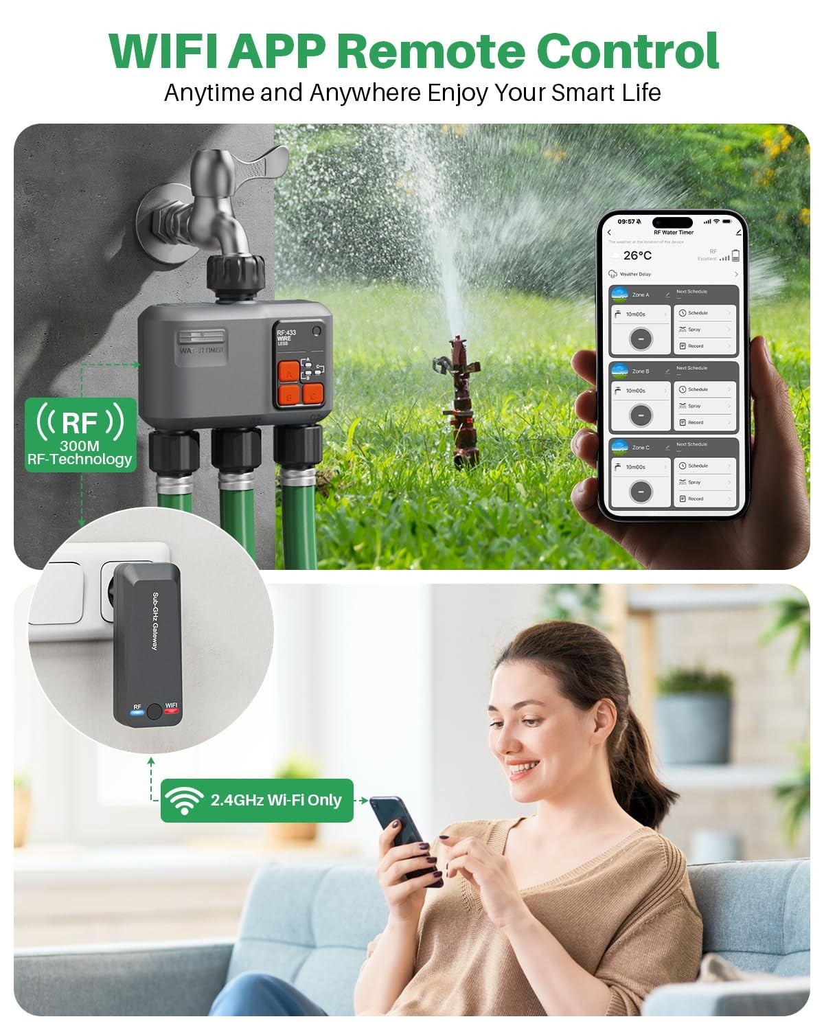 Johgee WiFi Sprinkler Timer 3 Zone, 984ft Range Smart Water Timer Garden Hose
