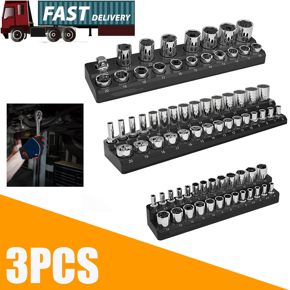3PCS Magnetic Socket Organizer Set Kit 1/4" 3/8" 1/2" Drive SAE with 75 Slots