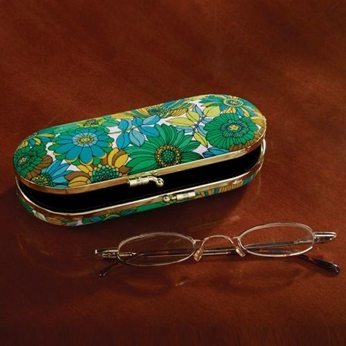 Green Floral EYE GLASSES Hard CASE NEW eyeglasses 6" L With MIRROR LIPSTICK CASE