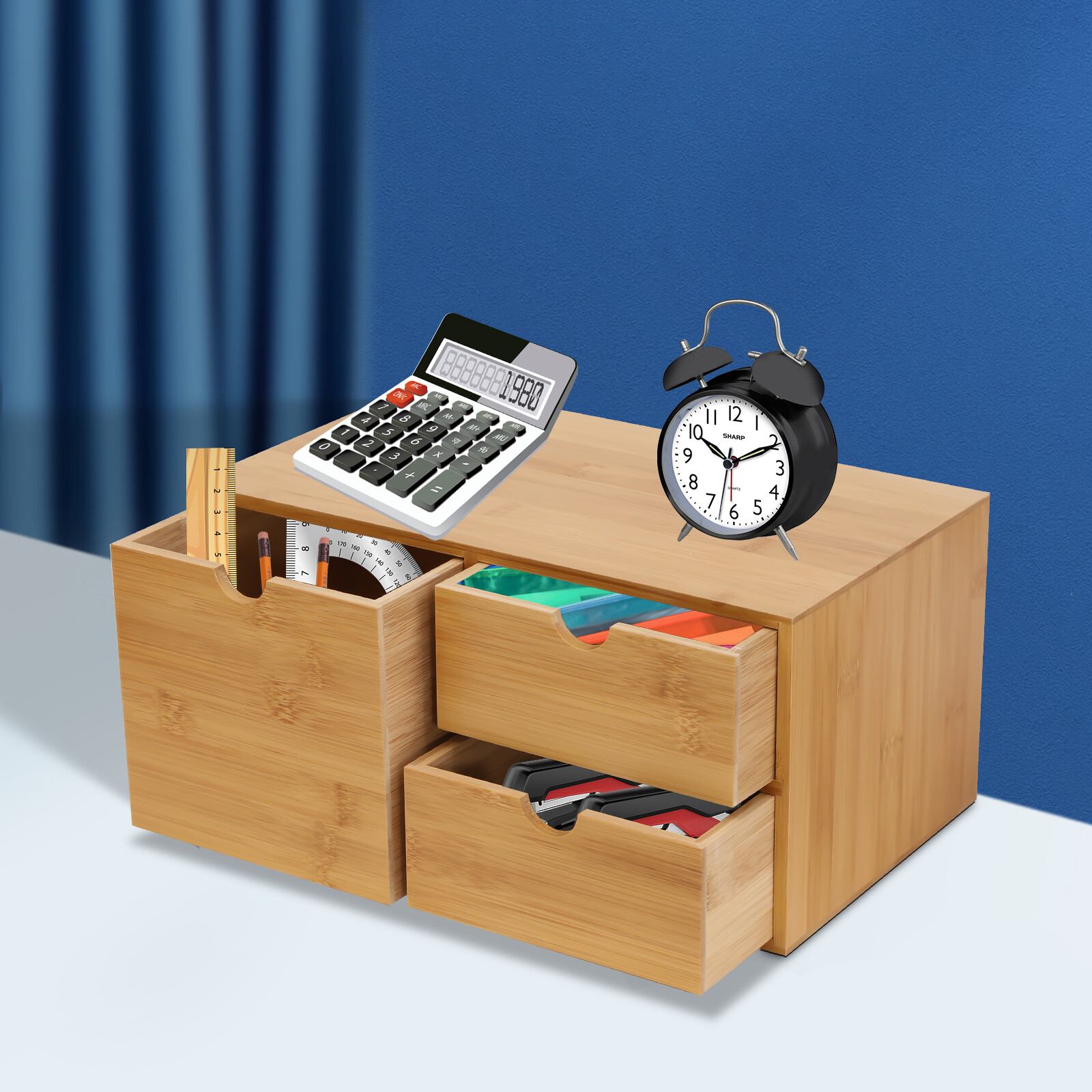 Office Desk Organizer Drawers Desktop Storage Bamboo Box Storage Recess Handle