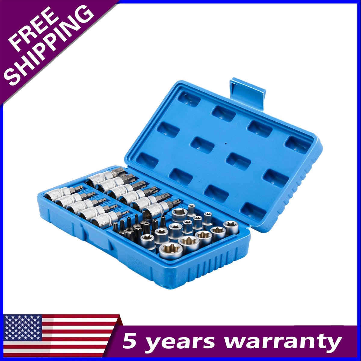 3/8" Drive Torx Star Bit Socket Set 34Pcs Male Female E-Socket For Automotive