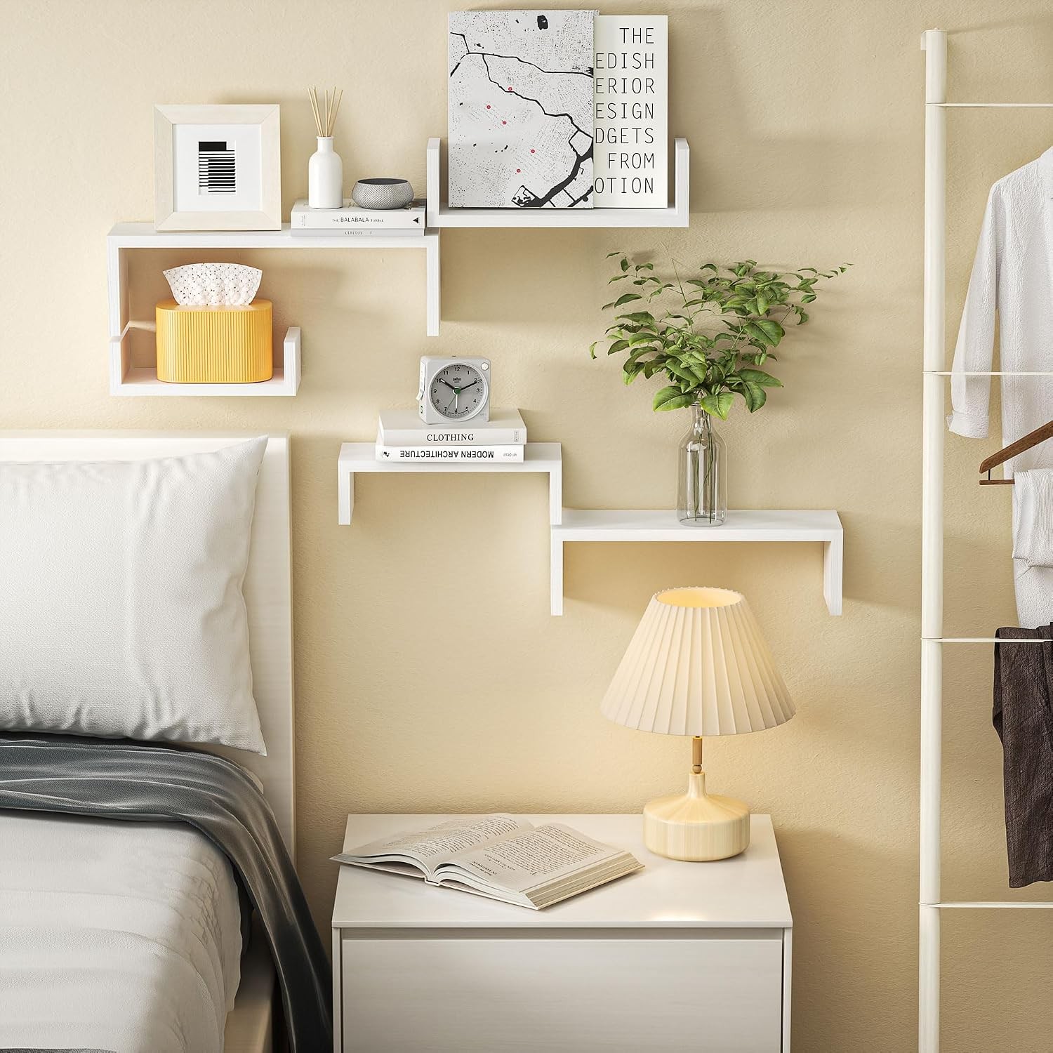White Floating Shelves Set of 5 Solid Wood Wall Mounted Shelves | Sturdy Rustic