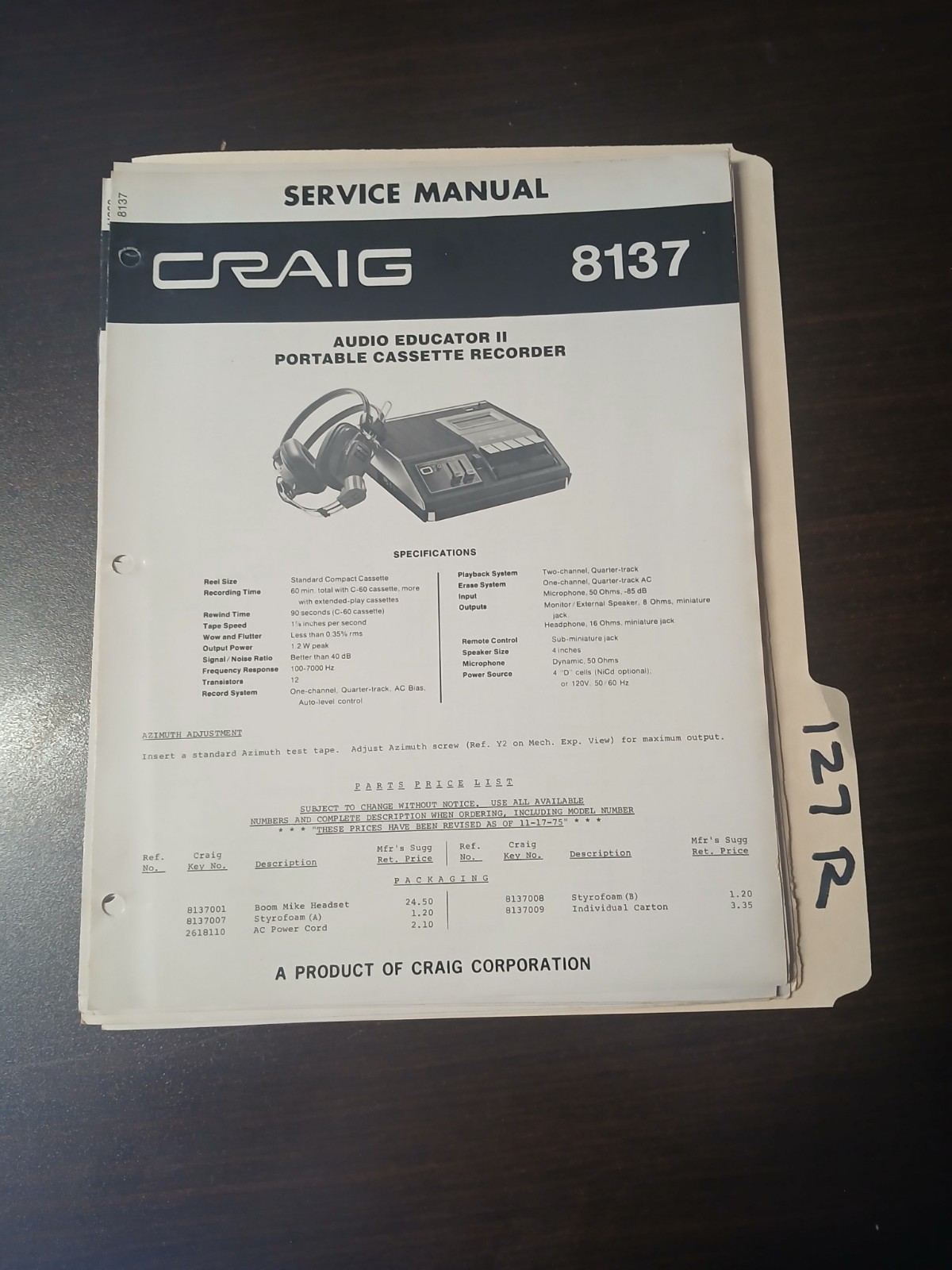 Craig 8137 Service Manual Original Repair Book  Educator II Portable Tape
