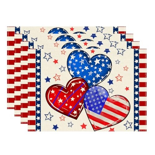 Stripe Love Hearts America Stars 4th of July Placemats Set of 4 （12x18 Inch）