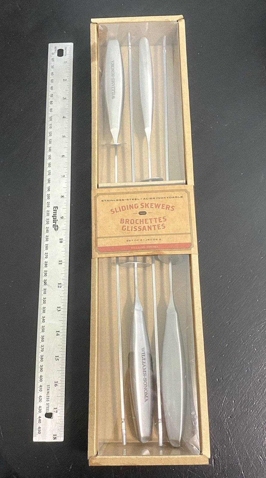 Williams Sonoma 18" Stainless Steel Sliding Skewers Set Of 4 NEW IN BOX