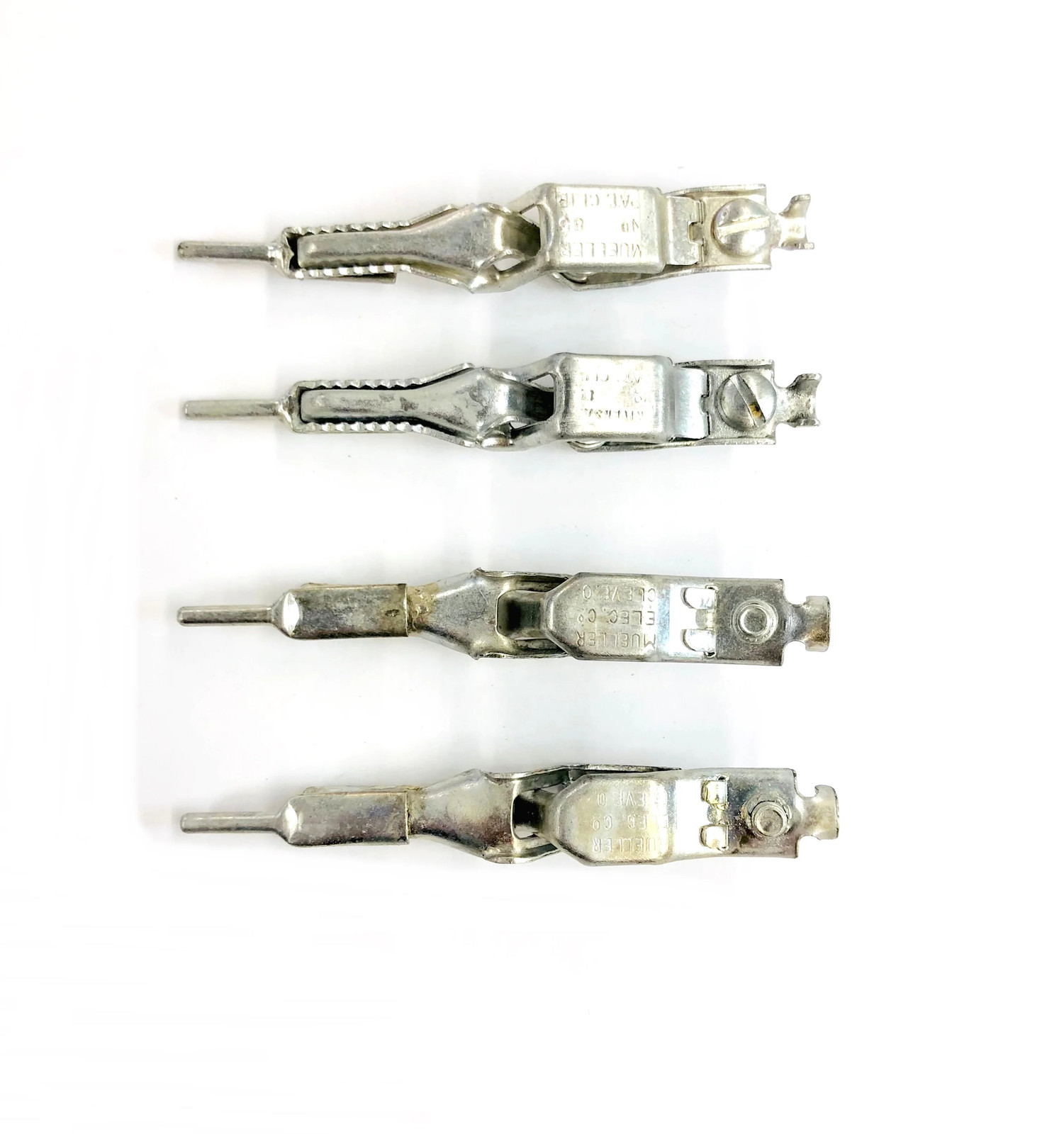 Lot of 4 Mueller BU-85T, 5 Amp Steel Crocodile Clips w/Pin Tip 010027-T