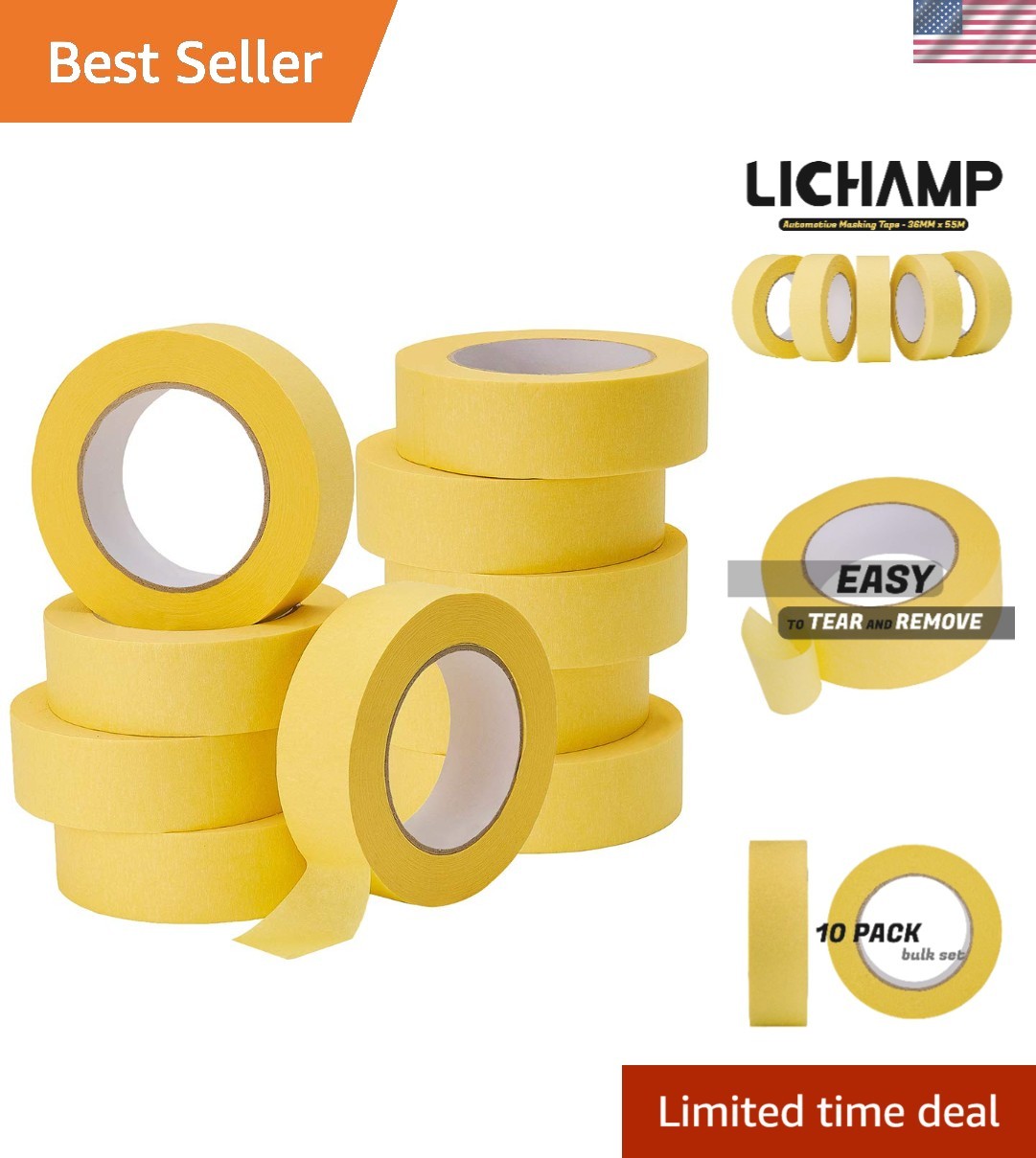 10-Pack Automotive Refinish Masking Tape Yellow 36mm x 55m, Cars Vehicles Aut...