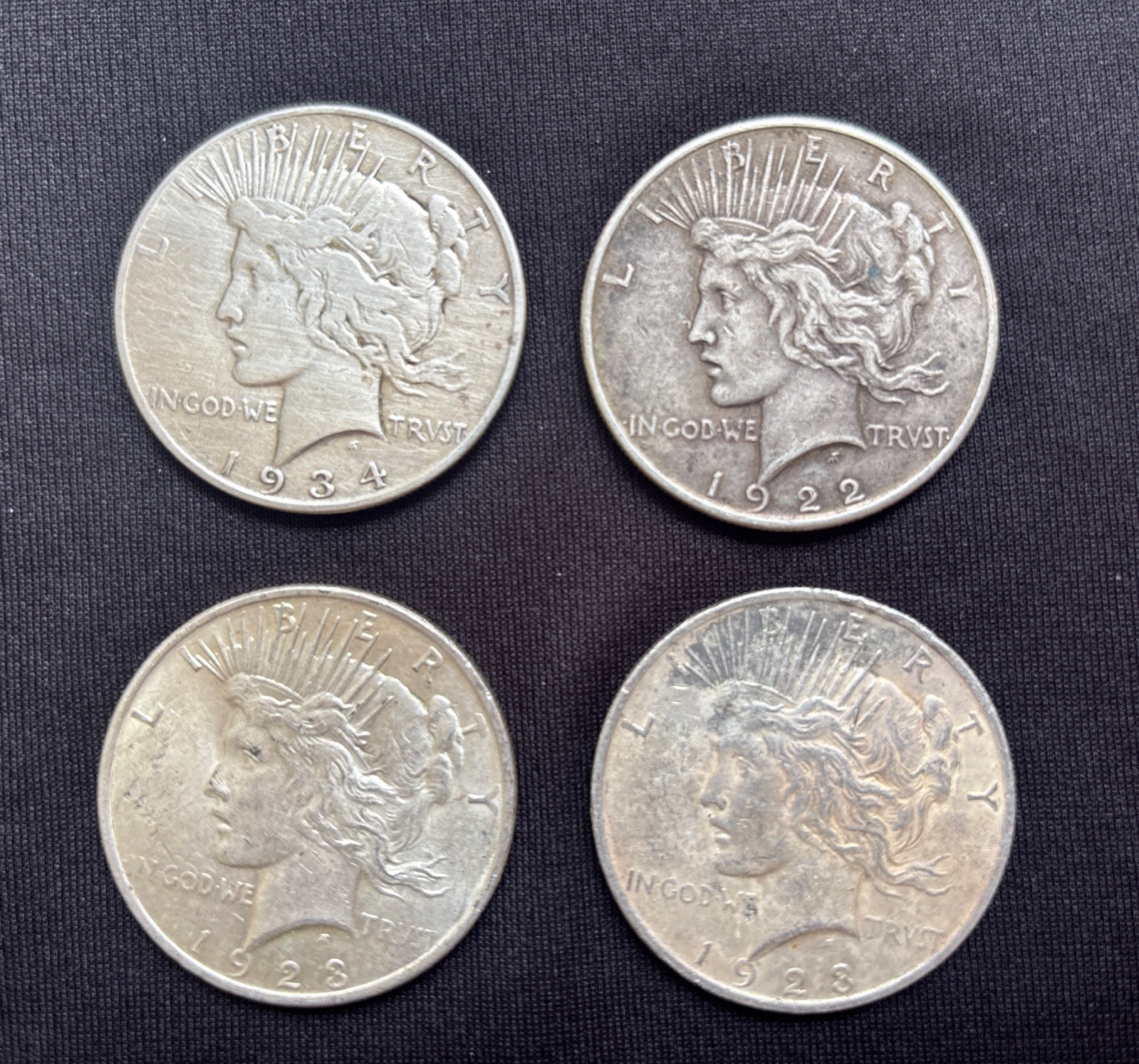 Lot of Four Peace Dollars For Sale